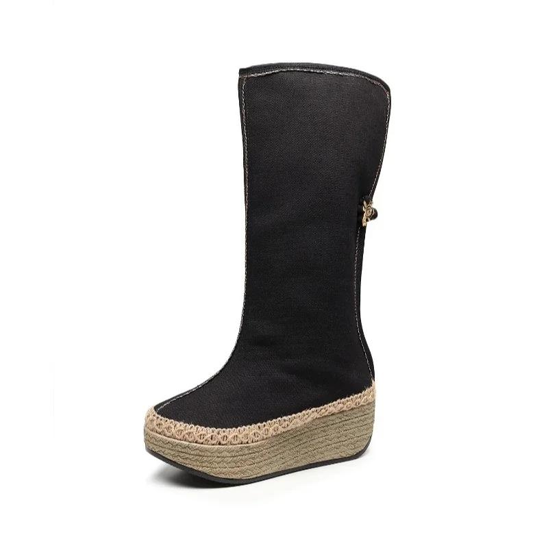 

Мода 2024 года Новые осенние и зимние сапоги Ретро женские сапоги до колена с модными женскими сапогами на платформе 40 чёрный