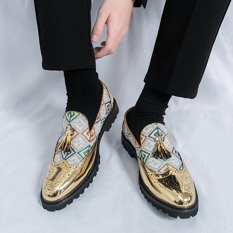 

Men Loafers Gold Leather Shoes Thick Sole Formal Business Wedding Dress Prom Black Print Shoes Large Size EU:46 золотой