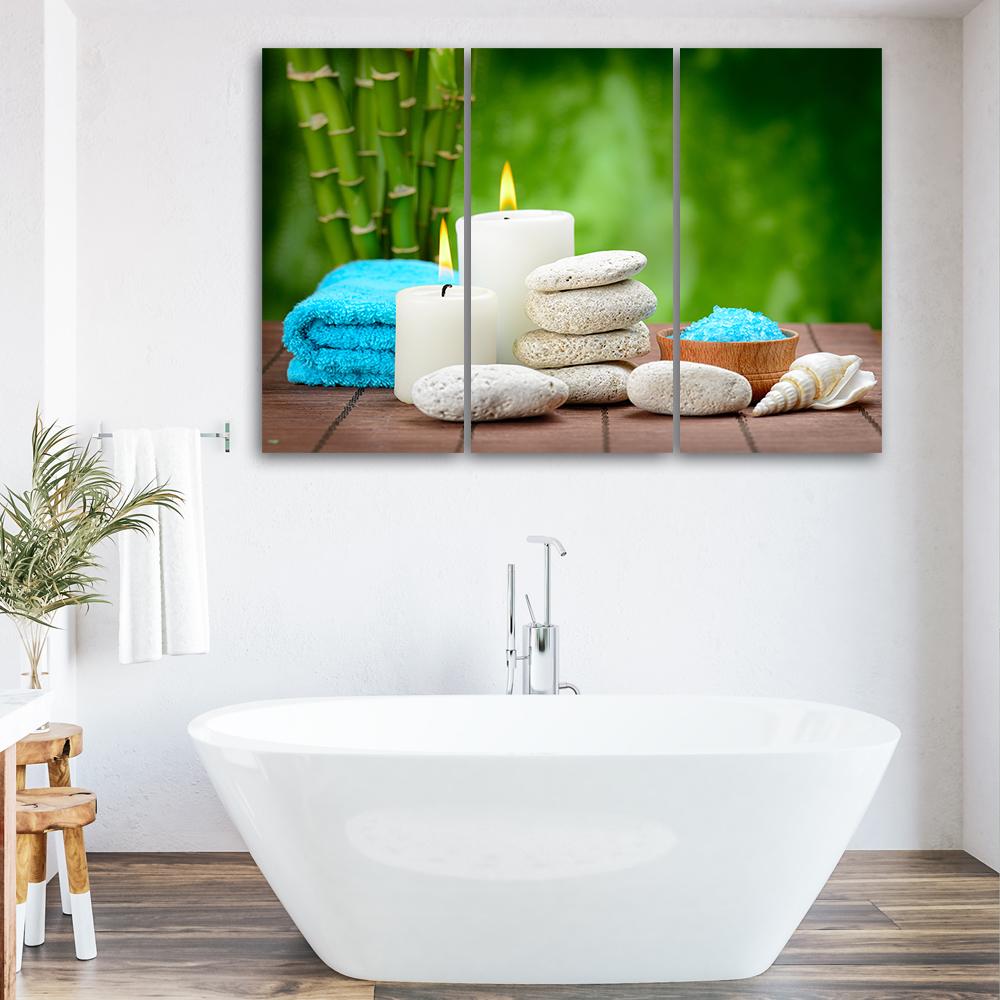Three Piece Picture Canvas Print Zen Candle Bamboo Stone