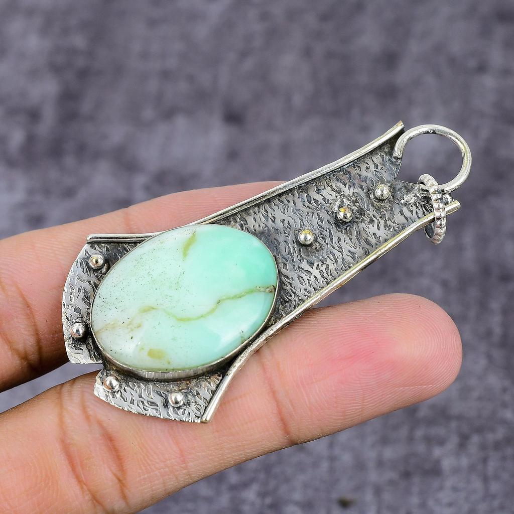 Natural Chrysoprase Gemstone Handmade 925 Sterling Silver Pendant 3.42" ET-1599