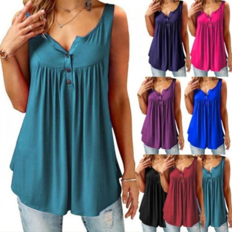 Plus Size Ladies Casual Sexy Swing Blouse Flowy Halter Sleeveless Deep V Neck Button Front Vest Tops