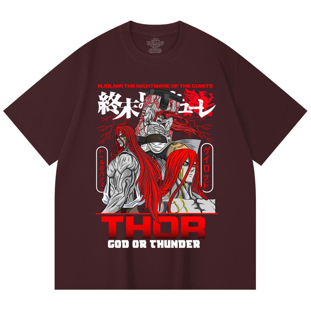 

230 Gsm 100% Cotton Record of Ragnarok V1 Thor Print Unisex Heavy Cotton T Shirt 2XL вина червоного кольору