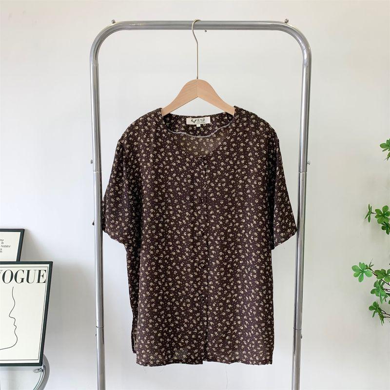 

Middle-Aged and Elderly Cardigan Women s Summer Loose plus Size Outerwear Short-Sleeved Thin Small Floral Mother s Silk Shirt Tops Dark Curry 2XL