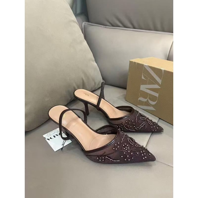 

ZAR s new autumn products, pointed toe bag head back empty solid color, embroidered mesh stiletto Muller shoes 42 темно-коричневого кольору