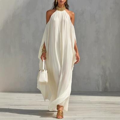 Damen Unifarben Chiffon Neckholder Zum Binden Schulterfrei Locker Lang Maxikleid, Lässiges Sommerkleid Für Damen
