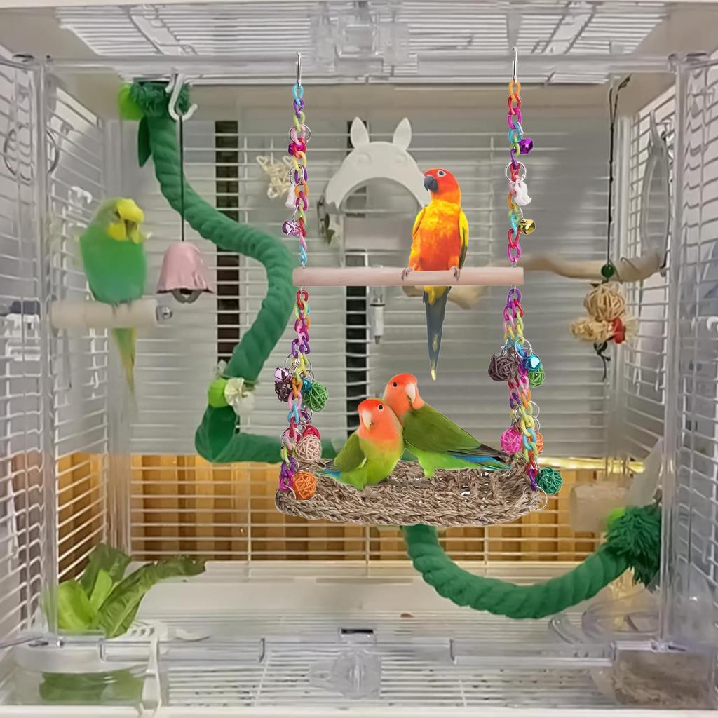 Bird Swings For Parakeets Bird Toys Wooden Perch Swings Seagrass Woven Hammock Chew Toys Cockatiel Cage Accessories For Parrot
