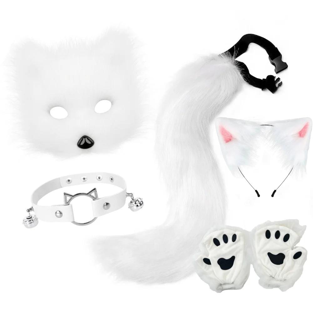 Fox Tail Set Cat Ear Headpiece Tail Fluffy Cat Claw Glove Headband Necklace Set Lolita Anime Halloween Cosplay Costume Accessory