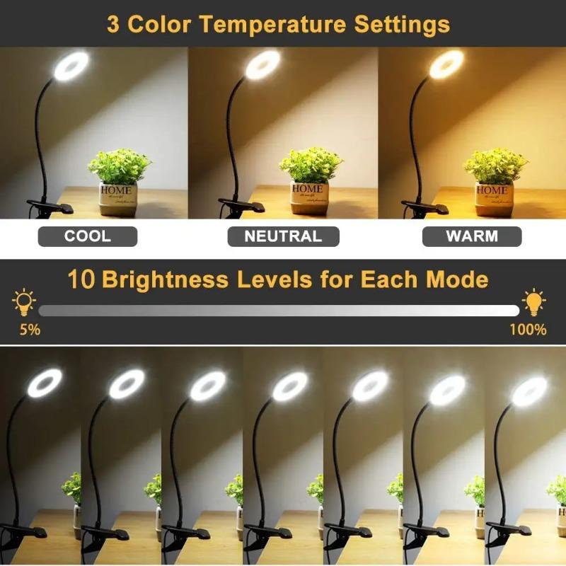 Flexible Gooseneck LED Reading Book Light with Clamp, 3 Color Temperature Circular Night Lamp for Bedside Travel Office