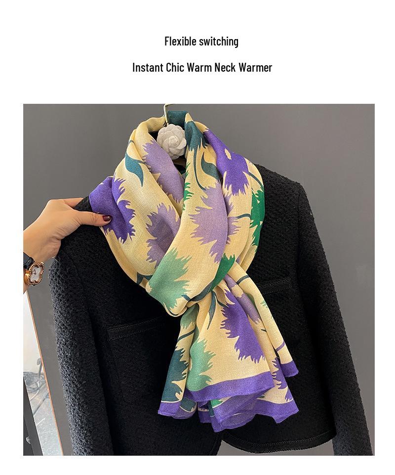 Korean Style Floral Cotton Linen Scarf, Versatile Long Thin Shawl for Women