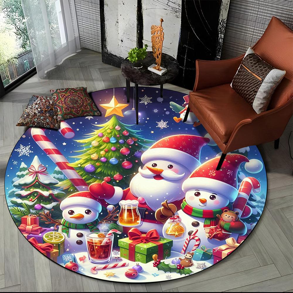 Cartoon Weihnachtsmann Frohe Weihnachten Schneemann Neujahr Runder Teppich für Schlafzimmer Wohnzimmer Sofadekoration, Dekor Bodenteppich