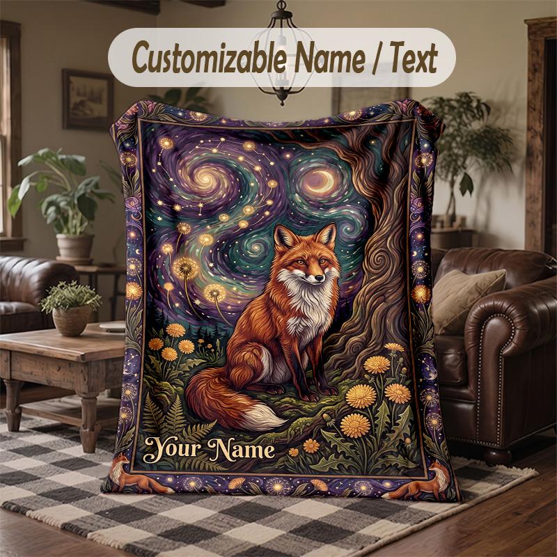 Fox Owl Flowers Theme Throw Blanket Custom Name Text Personalized Blanket Soft Cozy Blanket for Home Sofa Bed