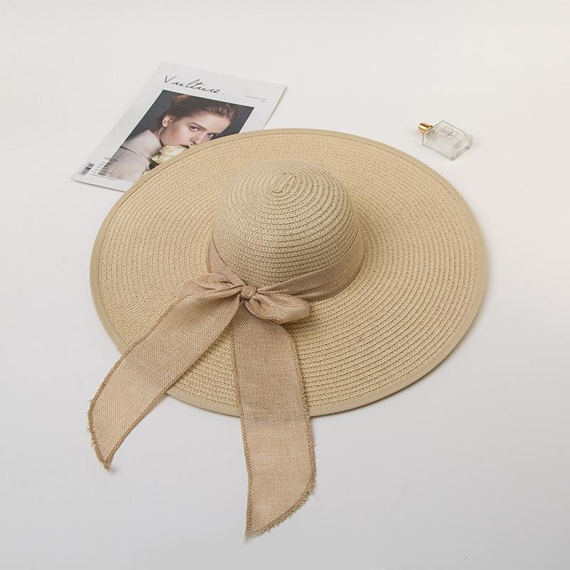 Damen Strohsonnenhut mit extra breiter Krempe, Sommer UV-Schutz Hut mit breiter Krempe und Schleife, Strand Sonnenschutz Schlapphut, Elegante Urlaubsreise Sonnenkappe