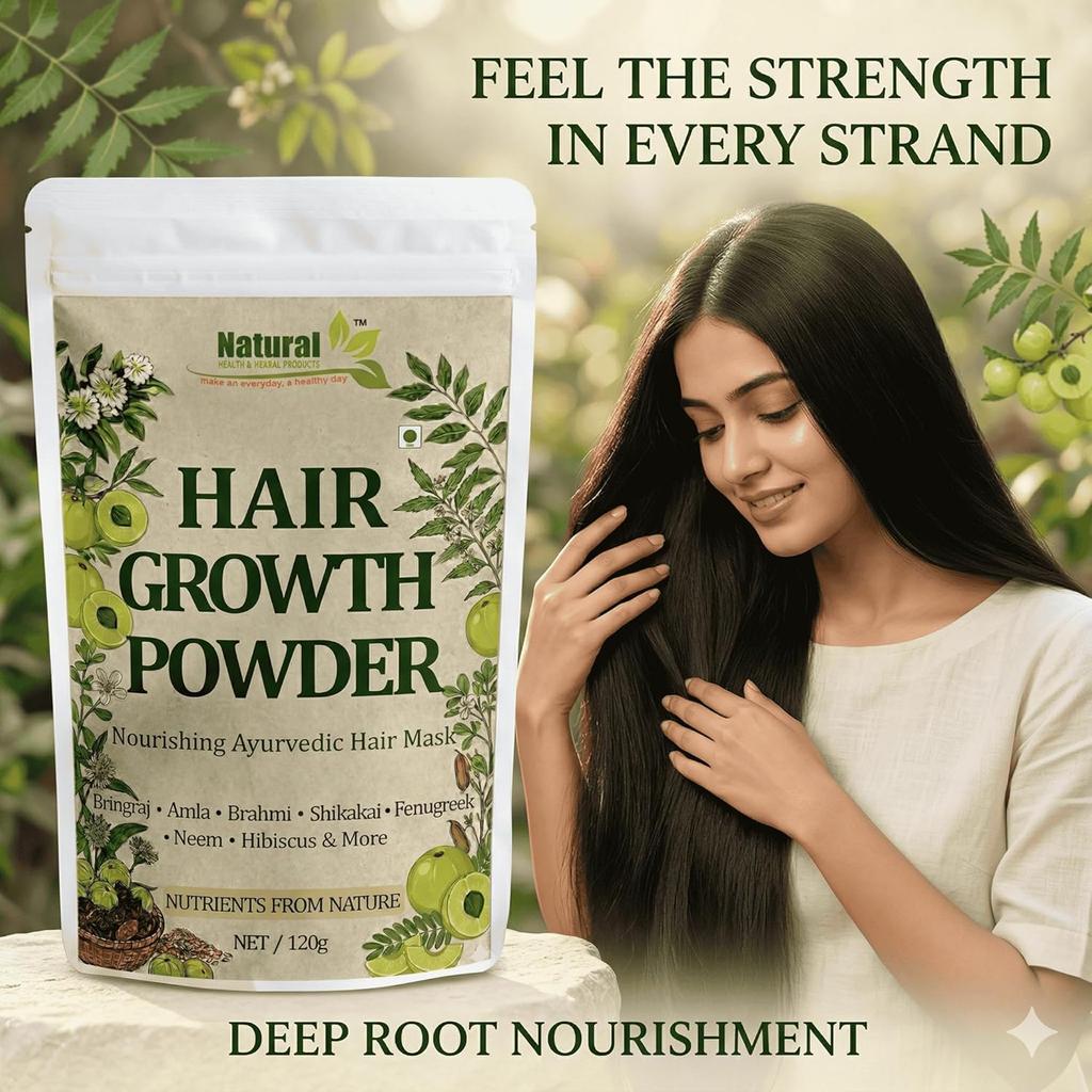 Ayurvedic Hair Growth Powder with Bhringraj, Amla and Neem to Control Hair Loss for Men and Women for All Hair Types 120g