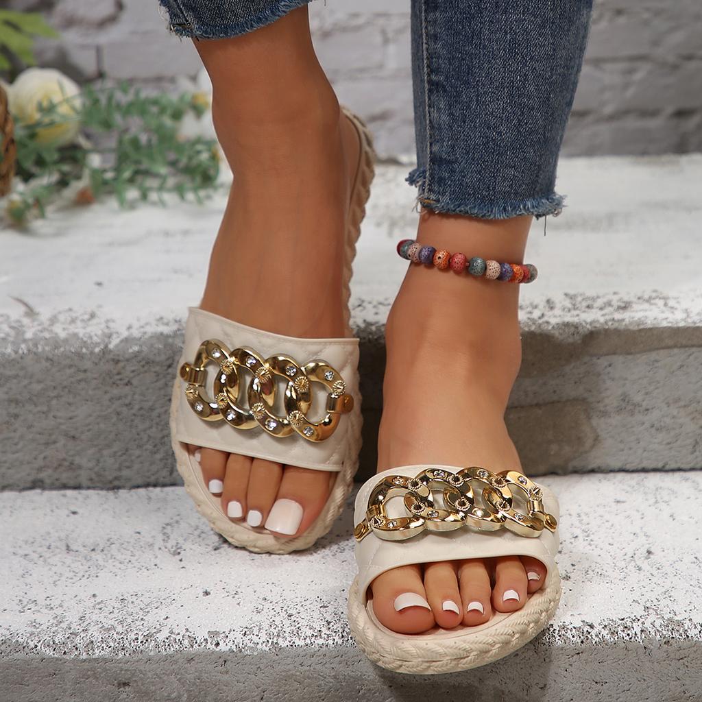 Crystal Gold Metal Chain Flat Sandals Women 2026 Summer Fashion Slip On Platform Pu Leather Slippers Woman Light Weight Slides
