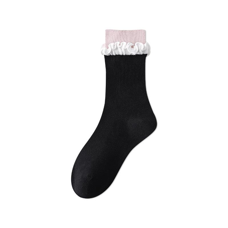Women's Boneless Spring and Autumn Socks, Cotton Socks, Ballet-style, Black Ear-trimmed, White Mid-calf Socks