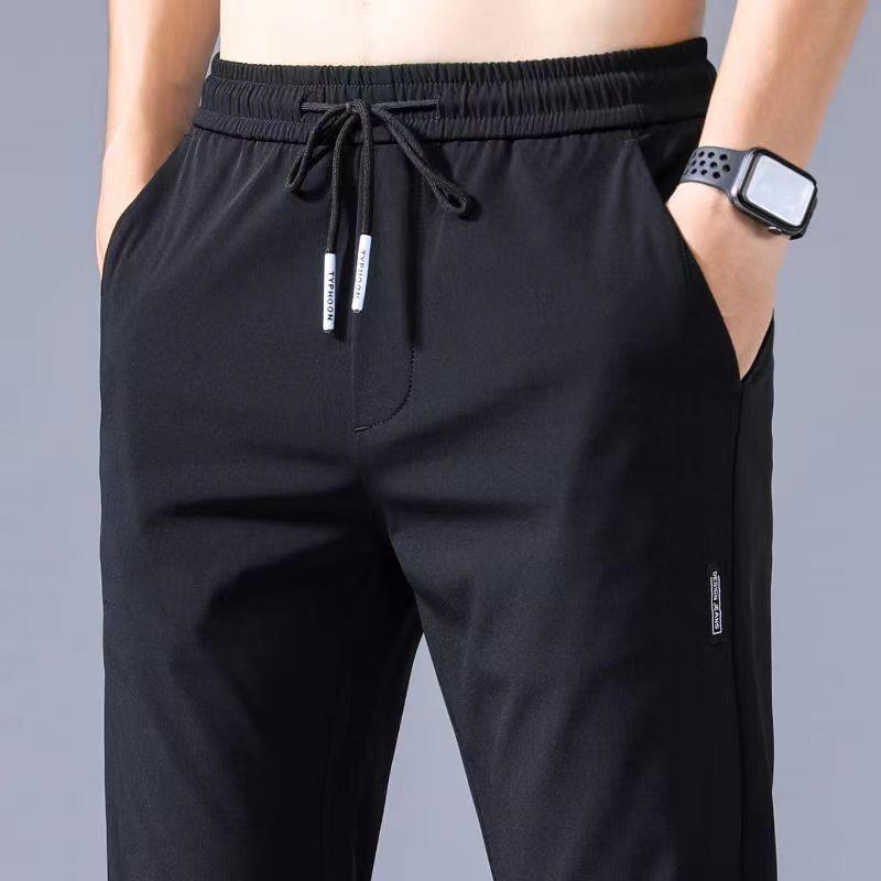 Men's Ice Silk Thin Summer Black Korean Style Trendy Sports Pants, Loose Fit Casual.