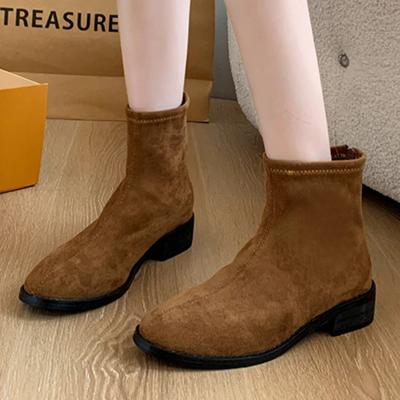 Ladies Shoes On Sale 2024 Fashion Zipper Women's Boots Autumn Round Toe Suede Solid Short Barrel Chunky Heels Plus Size Boots