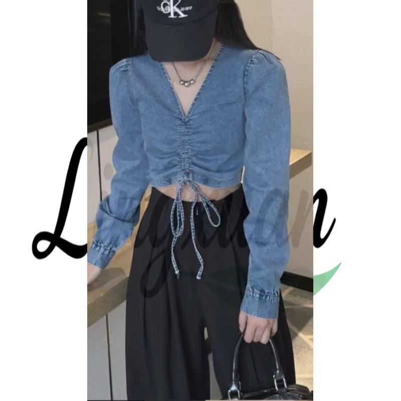 

Korean V-Neck Puff Sleeve Denim Shirt Large синій