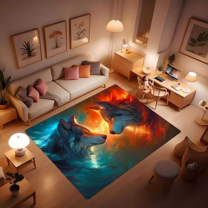 Wolf print pattern area rug, howling wolf under the moon plush area rug, suitable for living room bedroom dining room entrance
