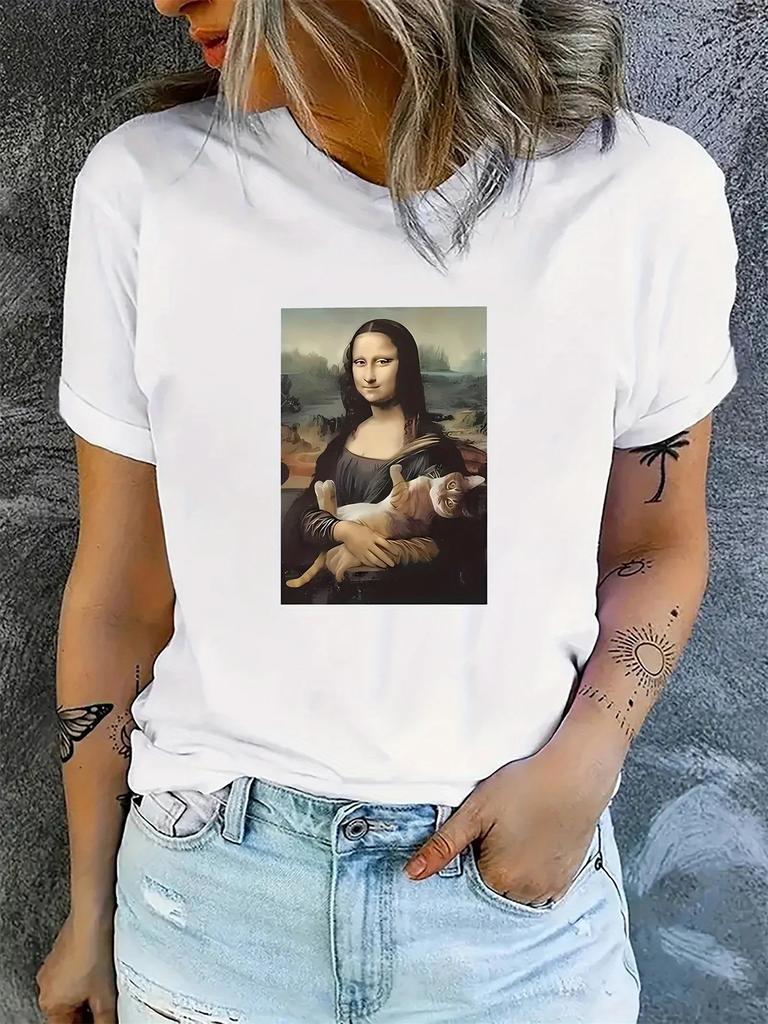 Mona Lisa Cat Print TShirt for Women Harajuku Short Sleeve Casual Womens Tshirt Clothing Street Tops Tees Aesthetic Clothes