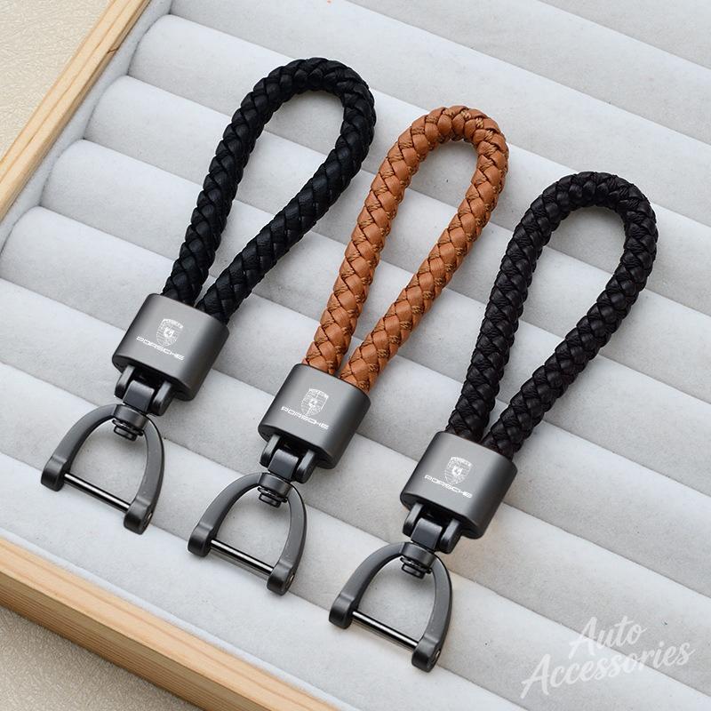 Car Keychain Hand Woven Horseshoe Buckle Keyring For Porsche Cayenne Panamera Macan 911 718 Taycan Boxster Cayman 918 Pajun