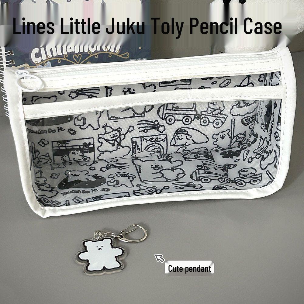 Puppy Design Transparent PVC Pencil Case, Large Capacity, Double Layer for Students