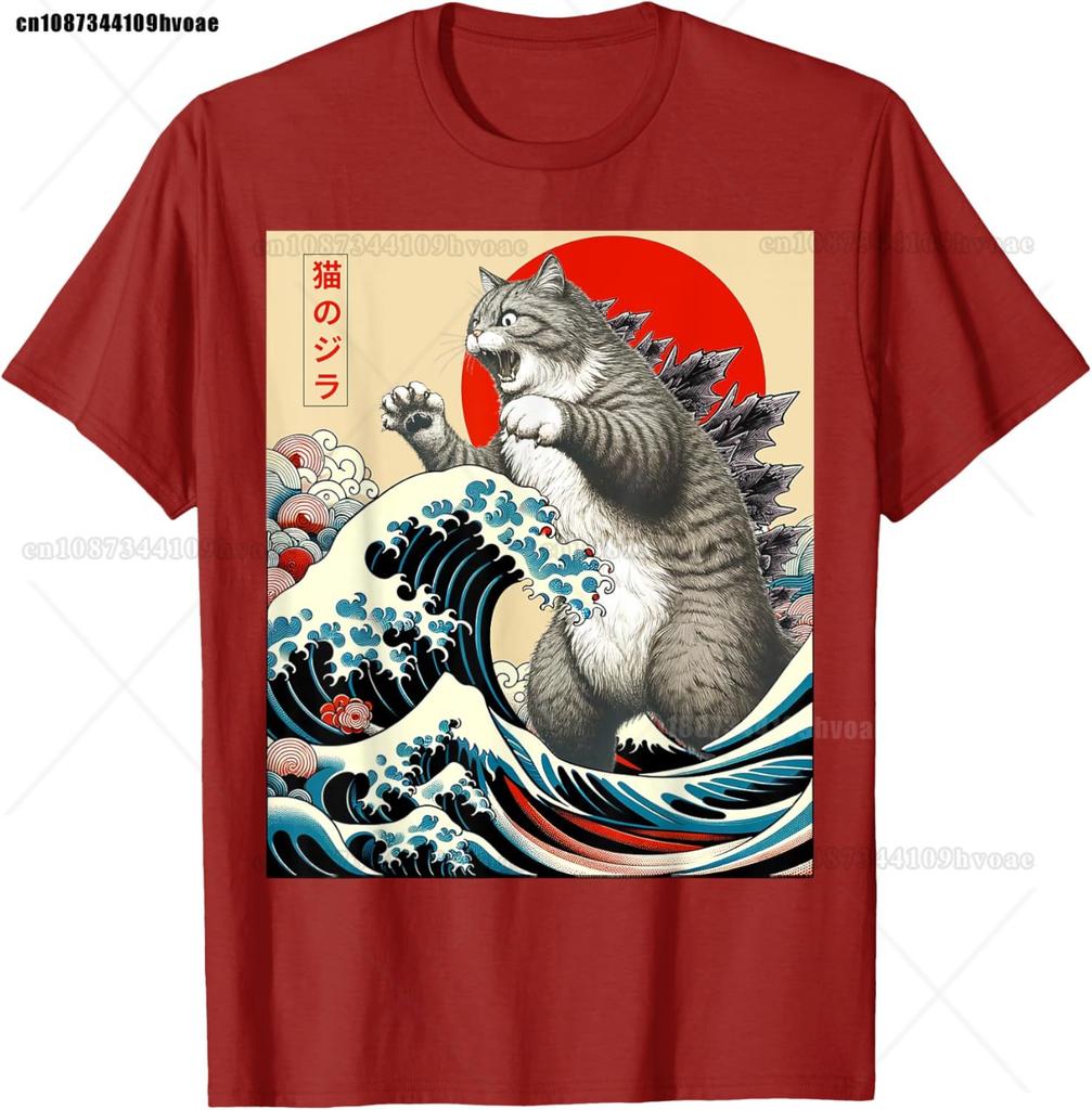 Catzilla Cat Japanese Art Funny Cat Gifts T-Shirt Top Tees Cotton High Quality Unisex Hip Hop TShirt Punk Gothic Graphic Breathable