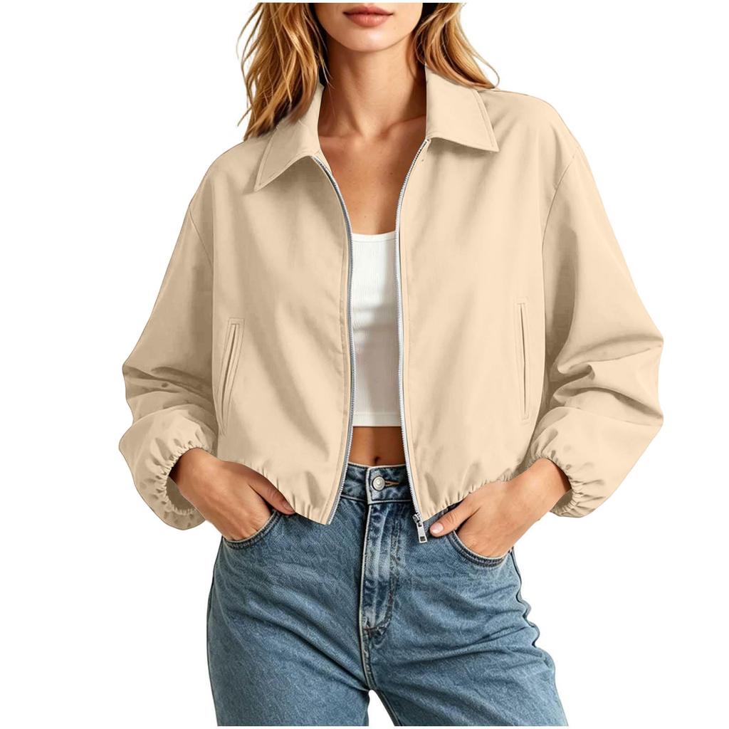 Women's Fashion Short Loose Fit Puffy Zipper Long Sleeve Jacket Outerwear