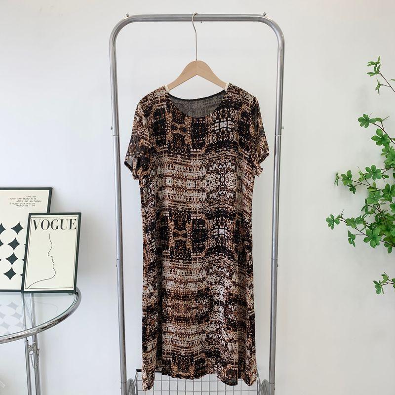 

Plus Size Dress Brown Short Sleeves Summer Dress Double Layer Loose Slimming Dress round Neck Mid-Length Skirt Female Flab Hiding Easiest for Match Brown 2XL