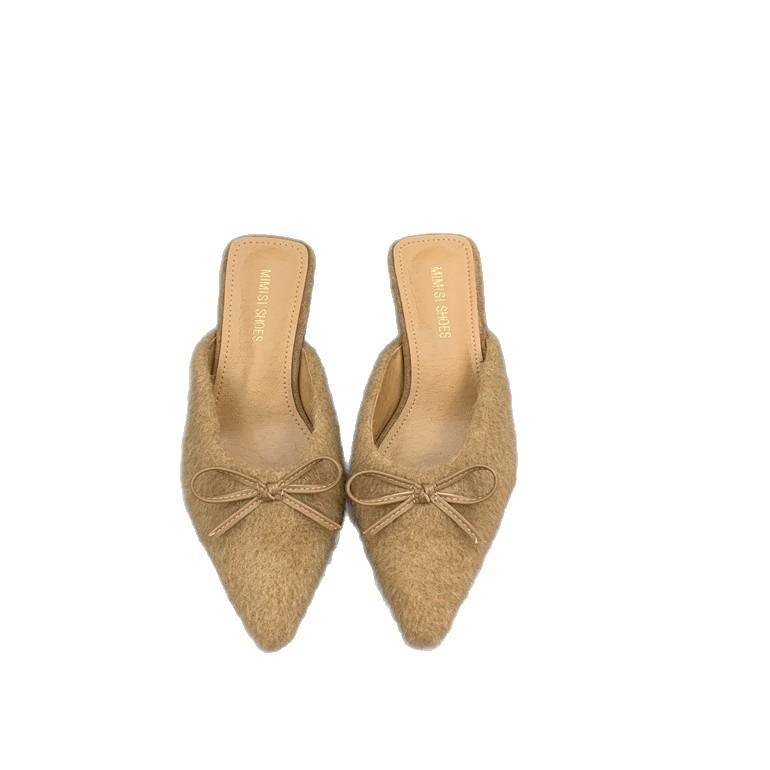 2025 spring new temperament half tray single shoes French bow gray high heels bag head half slippers women's shoes