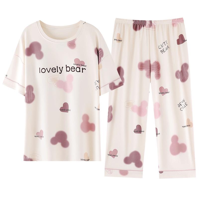 Women's Antibacterial Cotton Pajamas with Built-in Bra Pads - Short Sleeve, Cute & Comfortable Summer Loungewear Set