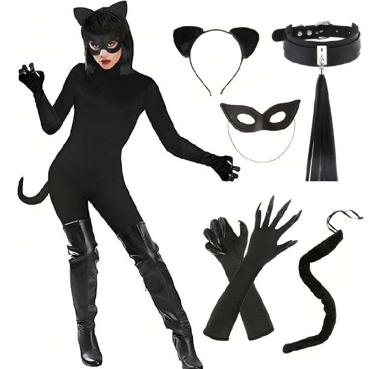 Black Cats Costumes for Women Cats Ears Headband Tail Paws Gloves Collar Mask Halloween Costume Accessories Adult Kids