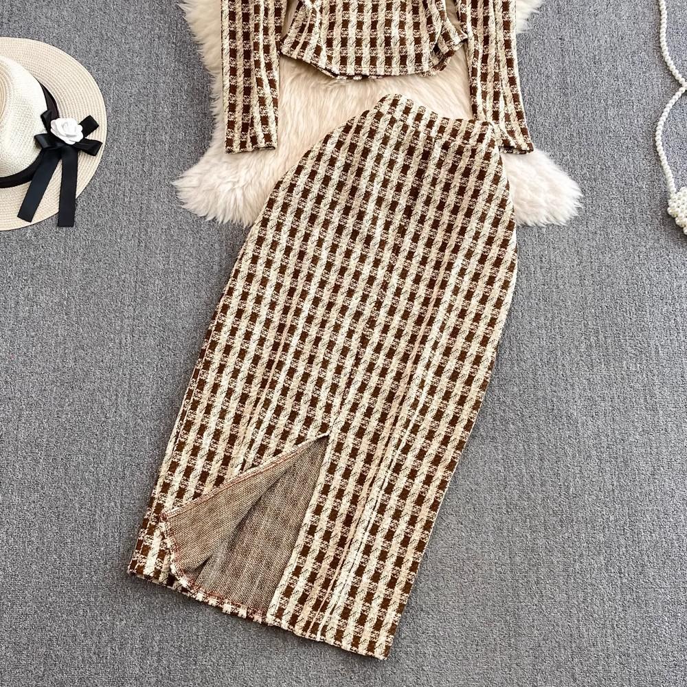 Outono primavera pequena fragrância xadrez tweed ternos feminino com decote em v casaco curto + botões saia lápis longa conjunto de duas peças