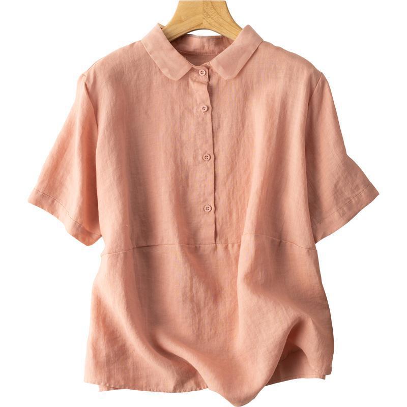 Solid Color Short-Sleeve Pullover Linen Shirt for Women, Vintage Hong Kong Style Cotton-Linen Blouse, 2026 Spring/Summer New Arrival