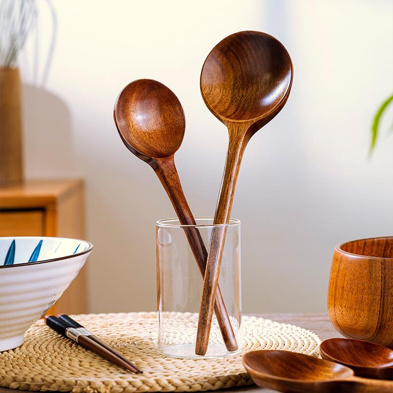 Large Wooden Spoon Korean Japanese Ramen Soup Spoon Long Handle Kitchen Cooking Spoon Dinner Serving Tablespoon Wood Cutlery