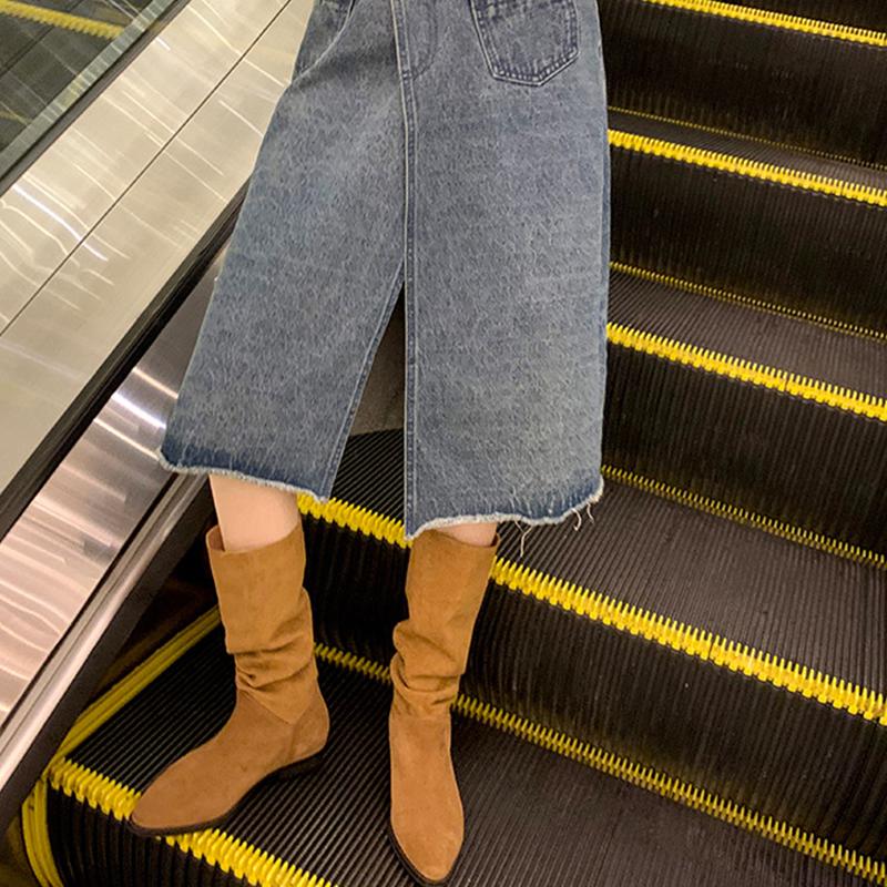 Fashion 2025 Luxury Genuine Leather Boots Women Suede Nubuck Cowboy Botas Femmes Mid-Calf Pleated Chunky Botines Fur Winter Snow Shoes