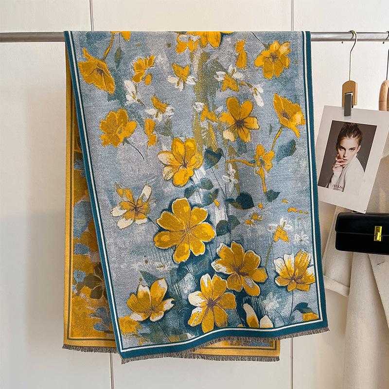 Autumn And Winter National Style Plants And Flowers Landscape Painting Elegant Women Warm Scarf Fashion Retro Shawl