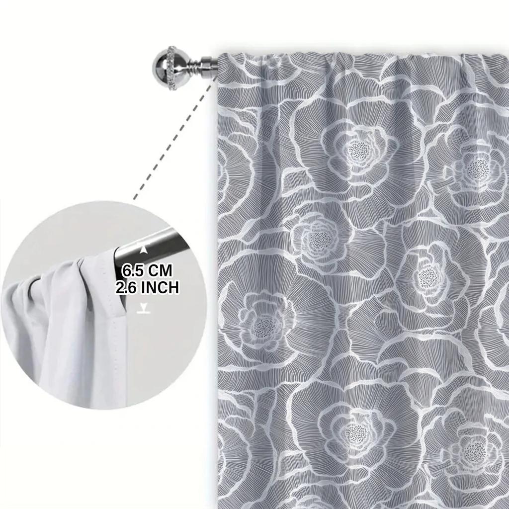 2pcs Grey Rose Pattern Printed Curtain for Home Decor - Rod Pocket Window Treatment for Bedroom, Office, Kitchen, Living Room