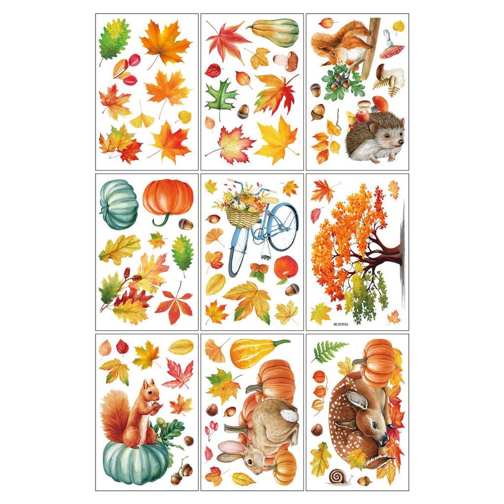 Thanksgiving Autumn Leaves & Pumpkins Window Clings - Cartoon Squirrel Decorations
