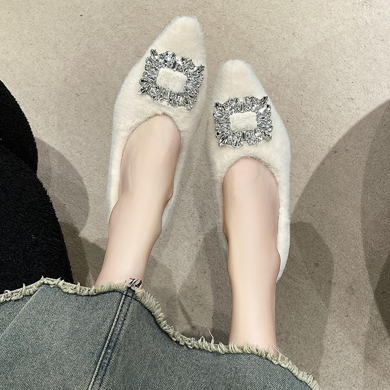Low-heeled Diamond Furry Shoes for Women, New Winter Fashion Pointed Toe Shoes Warm Shallow-mouthed Women's Shoes