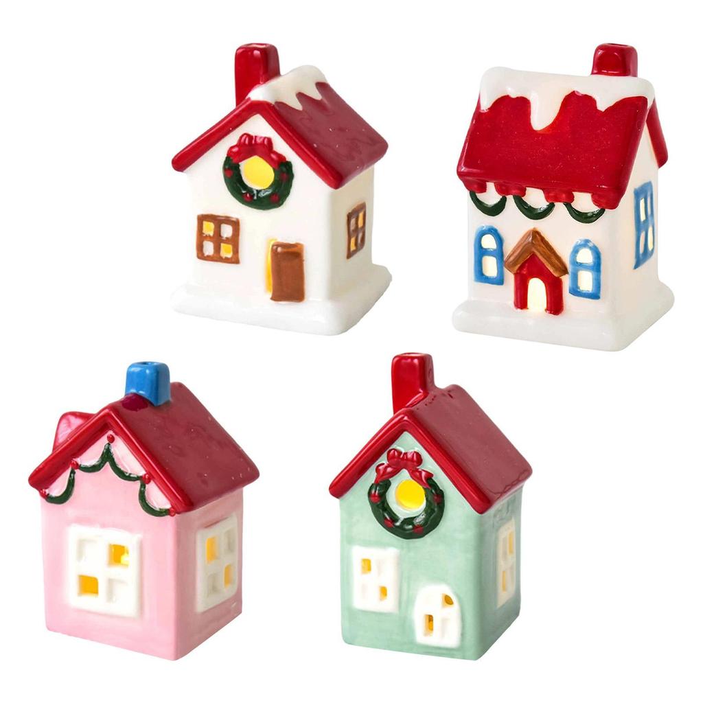 Ceramic Christmas Village House Ornament Decoration Versatile Statue Craft Accessory with LED for Indoor Holiday Shelf Table