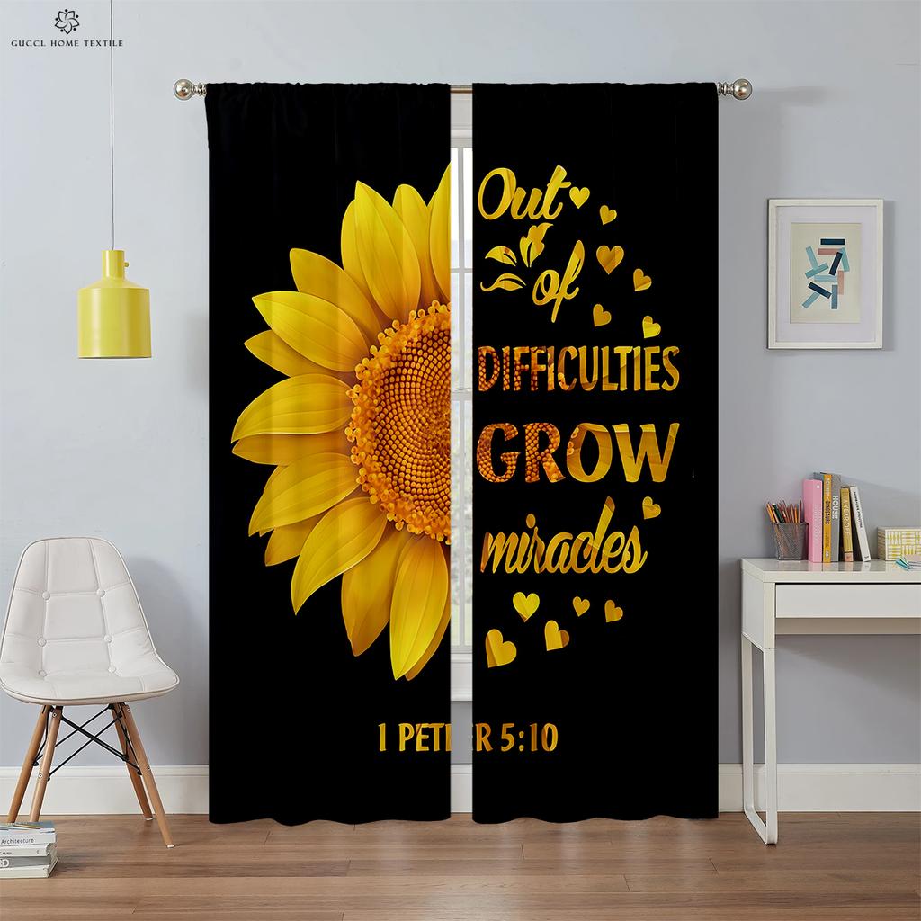 Retro Floral Sunflower Drapes Creative Letters Fashionable Print Curtains Bedroom and Living Area Ornamental Curtains
