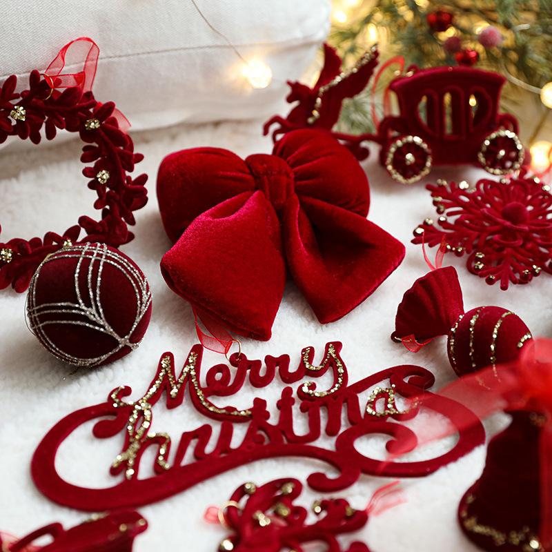 Christmas Red Flocking Bow Wreath Bell Christmas Tree Snowfall Elk Pendant Hanging Ornament Navidad 2025 Noel Home Party Decor