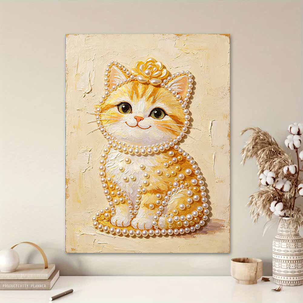 DIY Frameless Pearl Painting Kit Cute Cat 3D Shiny Bead Art Canvas Relaxing Creative Craft for Home Wall Decor Gift