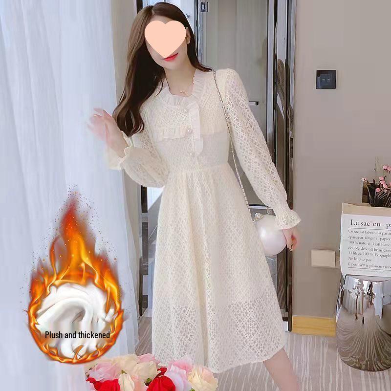 Women's Winter Lace Dress: Velvet, Thick, Elegant for Autumn/Winter 2025