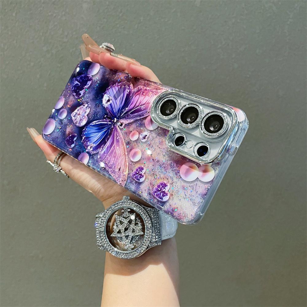 Luxury Elegant Glitter Clear Butterfly Printed Phone Case for Samsung Galaxy S26 Ultra S25 S24 S23 Diamond Full Camera Protect