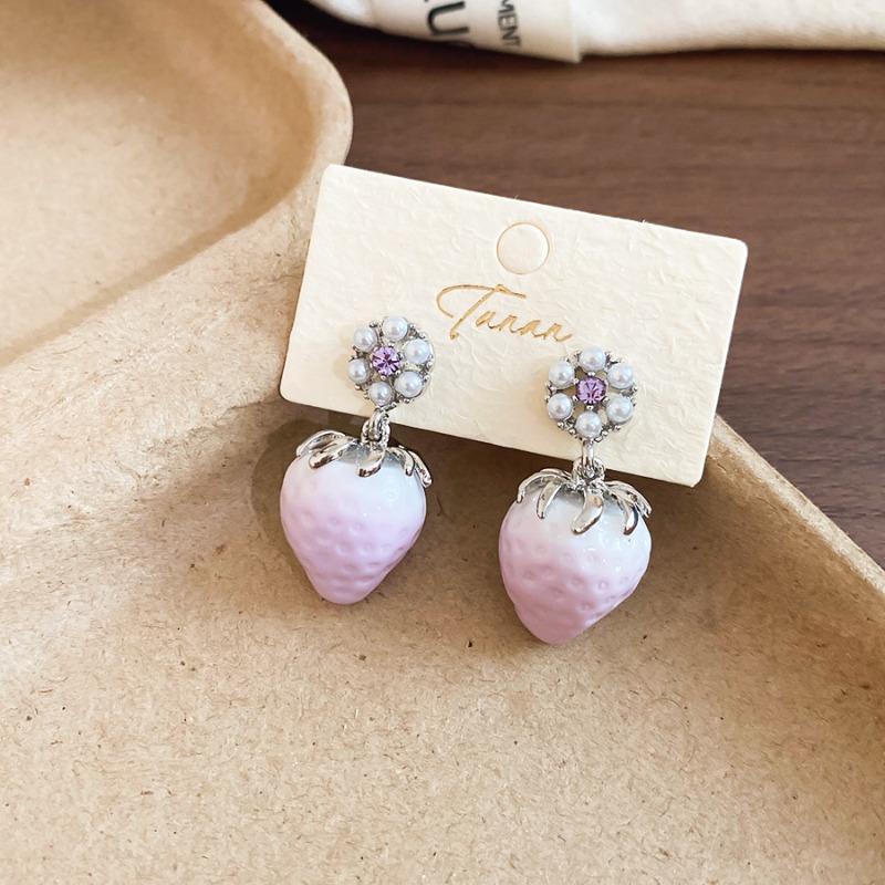 Sweet Girl Purple Strawberry Pearl Necklace Earrings Jewelry Set Small Fresh and Cute Design Niche Jewelry
