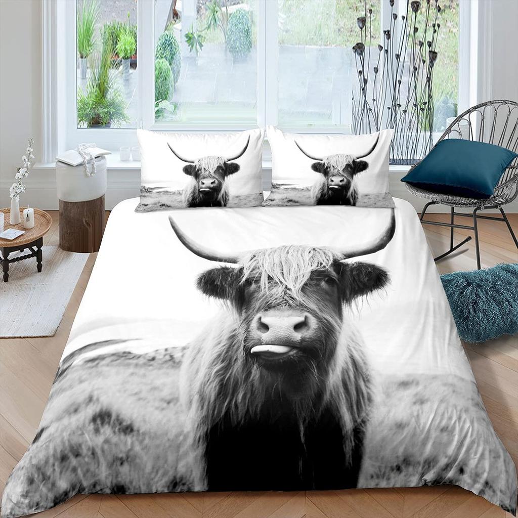 Highland Cow Duvet Cover King Sunflower Black Cattle Bedding Set Microfiber Farm Animal Cow Western Farmhouse Cattle Quilt Cover