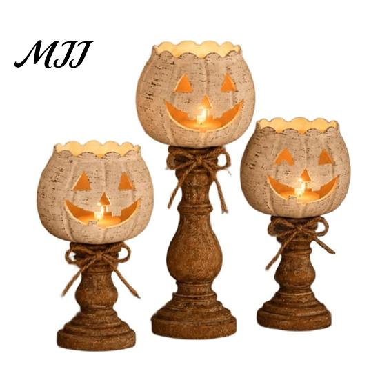 Distressed Resin Pumpkin Ornaments Rustic White Tealight Candle Holder Set, Farmhouse Halloween Tea Light Decorative Lanterns for Autumn Holders