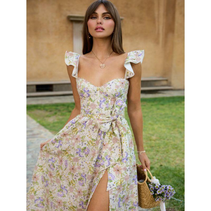 World FARCENT French style Fresh Floral Sweet Bowknot Decoration Waist Hugging Split Beautiful Atmosphere Dress